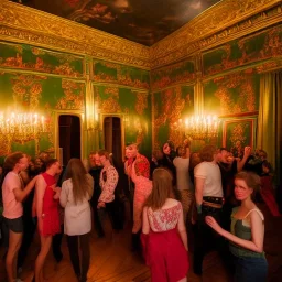 Party in a schloss, cheering people, Austrian aesthetic, warm colors, wooden floor, green walls, red, 8k, HD, cinematography, photorealistic, Cinematic, Color Grading, Ultra-Wide Angle, Depth of Field, hyper-detailed, beautifully color-coded, insane details, intricate details, beautifully color graded, Cinematic, Color Grading, Editorial Photography, Depth of Field, DOF, Tilt Blur, White Balance, 32k, Super-Resolution, Megapixel, ProPhoto RGB, VR, Halfrear Lighting, Backlight