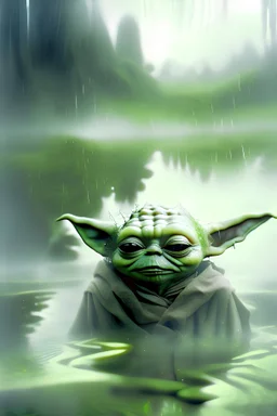 Earthy happy Yoda upclose in lake surrounded by foggy fores tarantino style no harsh green