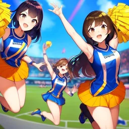 Clear focus,High resolution, three girls, wearing a cheerleader outfit, smiling, jumping, hair flowing