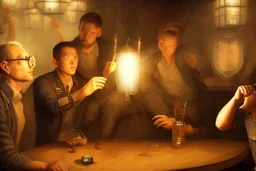 Smoky pub, cheerful young men drinking around a table, a policeman looking thoughtfully at the ID card of one of the boys, lantern light