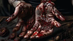 a woman's palms of her hands with dried and caked on blood all over them