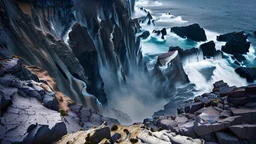 This mesmerizing ocean cliff scene captures the dramatic power and beauty of nature. Towering rugged cliffs stand majestically against the vast expanse of the ocean, where the water pours into a singular bottomless pit. The cliffs, with their sharp and jagged edges, create a stark contrast to the rough, flowing water, making the scene even more captivating. Sunlight pierces through the mist rising from the waterfalls, creating a magical, ethereal atmosphere