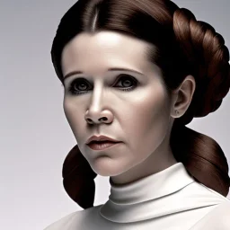 half-length color photography, three-quarter face pose of carrie fisher as Princess Leia with realistic fine and very simple short hair, entrancing deep brown eyes, Intricate, High Detail, Sharp focus, realism, beautiful and detailed lighting, Nikon D850, ef 85mm 5.6 by Annie Leibovitz