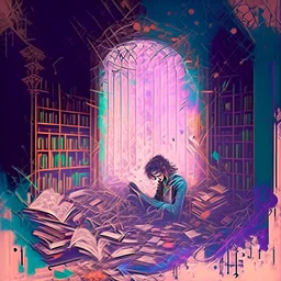 create a watercolour painting, In this artwork, a drug addict is seen in a dilapidated room surrounded by books and ancient scrolls. As they consume the substance, their mind is transported into the vast and magical library of their imagination. Each book represents a different fantasy world, and the addict becomes the curator of this ever-expanding repository of dreams.