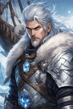 in anime style, 1man, a man with blue eyes and silver hair man in silver Viking armor with fur around the neck with blue crystal on his chest holding an axe in his hands standing on a pirate ship in the artic, warrior in anime style,