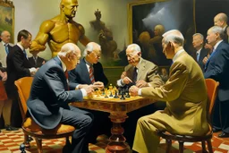 Putin, President Xi Of China And Joe Biden Play Chess With Atomic Bomb Mushroom Cloud,Complex Surgical Instruments Intermixed With A Newborn Boy,Minimalism,Painting By Adrian Ghenie,Rene Magritte,Pablo Picasso,Michelangelo,Salvador Dali,Lucian Freud