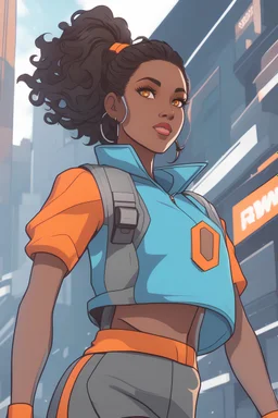Young black woman with natural brown hair, vivid orange eyes, smug futuristic powder blue clothes with a skirt, urban background, RWBY animation style