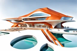 Architectural drawing of a Neofuturistic art museum, (((isometry))), ultra quality, people, treets