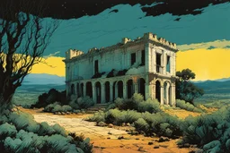 create a colored aquatint of a ruined Spanish villa with expansive olive groves set storm lashed landscape of ancient Andalusia in the comic book art style of Mike Mignola, Bill Sienkiewicz and Jean Giraud Moebius, , highly detailed,, grainy, gritty textures, , dramatic natural lighting