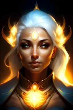 Generate a dungeons and dragons character portrait of the face of a female cleric of life, aasimar, who has tanned skin blessed by the goddess Selune. She has white hair and glowing eyes and is surrounded by holy light