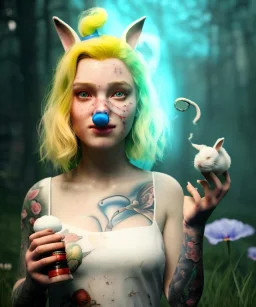 Ultra realistic wonderland photo, happy blonde woman smoking a pipe, blue dress, white rabbit pet, circus dress style, old school tattoo, smoke, marijuana garden, glow eyes, perfect iris, soft color, highly detailed, unreal engine 5, ray tracing, RTX, lumen lighting, ultra detail, volumetric lighting, high definition.