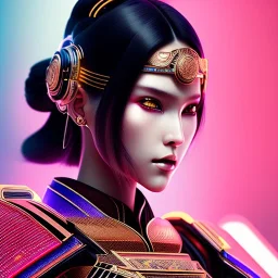 Rosalía, Cyborg anime samurai, cyberpunk, light black hair, geisha hairstyle, cobalt eyes, waist up portrait, 8k resolution, retroanime, intricate details, neon details, soft lighting, vibrant colors, masterpiece, intricate eyeliner, dark eyeshadow, eyes, intricate tattoos, gradient background