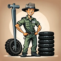 retro cartoon company mascot of a vehicle mechanic with a hint of forest ranger, holding a torque-wrench and next to a stack of tires