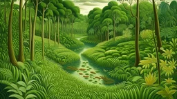 A green jungle with a river designed in Mayan architecture painted by Edward Hicks