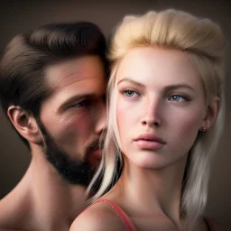 A photo realistic portrait of a stunning blonde girl and muscular dark haired man in a lovers embrace standing in front of a medieval castle