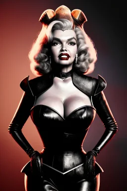 painting of jayne mansfield as evil queen in black leather, angry, stern look, volumetric lighting, particales,highly detailed,cinematic, deep colours,8