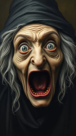 Bosch painting style , a portrait of an old wicked witch, her eyes all gray and are open wide , her mouth is ope like screening .