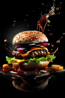 “Capture dynamic splashes of food in flying food photography” with a burger as the main subject, featuring splashes of toppings and seasonings, including splashes of ketchup. Use high-speed photography for a photorealistic surreal style, with a black background and a clean, minimalist backdrop. Include the table, the steam, the fire behind the steak. Create 3 advertising posters with professional-quality color grading, studio lighting, border lights, layered compositions and shoot them with an E