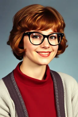 full color image, 1980's yearbook photo, girl, Molly Ringwald, 24 years old, a sly, clever smile on her face, 1980's clothing and hair styles, 4k UHD, photorealistic, (big, full, plump, pouty lips:1.5) big cat-eye eyeglasses, full body, head to toe, full frontal