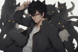 Man with messy black hair, gold eyes, large black cat ears, realistic