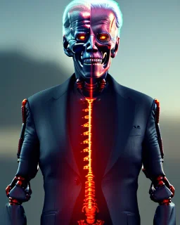 Terminator, Joe Biden as a Terminator,skeleton, evil, 8k, red glowing eyes, battle in background