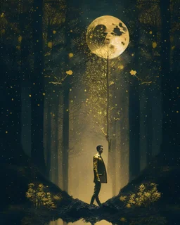 A man in the forest and a gold rain and a passing moon