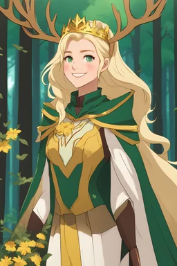 Young woman with blonde hair, vivid green eyes, antlers, deer ears, crown of flowers, yellow and gold breastplate, cream-colored cloak, smiling, forest background, RWBY animation style