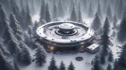 a landing pad station for spaceship passengers embedded in a forest. The stations use the base of big trees and trees grow out of the top. Some of the trees grow through the stations because they're so big. This is in a blizzard setting. Birds eye view