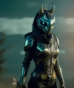 A badass Sofia Buttela wearing a dragon skull mask, atmospheric, realistic, unreal engine, cinematic lighting, octane render.