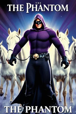 Movie Poster - ((("THE PHANTOM"))), extremely thick, muscular, 6'6'' 18-year-old Billy Zane with extremely exaggerated muscles as the Phantom, long-sleeved, textured, padded purple cotton bodysuit with skintight, formfitting textured purple cotton cowl with ((black eye mask)) and widow peak, black gloves and wrist gauntlets, black boots, double holstered utility belt, skull-shaped belt buckle, glowing, white eyes, standing next to his white horses, captured in a breath-taking explosion of color,