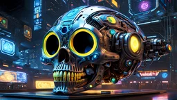 A masterpiece conceptual digital painting of a prototype, experimental (((Pac-Man)))-cybernetic skull hybrid, with ultra-detailed holographic eyes and LED light accents, in a cyberpunk background, Syd Mead art style, sci-fi, cyberpunk, game art, intricate details, HDR, beautifully shot, hyperrealistic, sharp focus, dim foul lighting, 64 megapixels, perfect composition, high contrast, cinematic, atmospheric, moody.