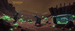 8️⃣ Exploration on Planet "Alien desert with bioluminescent flora. Giant mummy rat carries a tiny vial, tense but curious, bandages slightly torn. Crew collects samples. Stasis rat pod faintly visible in a research container. Watchers observe from cliffs. Strong chiaroscuro, realistic textures, adventurous and cautious mood."