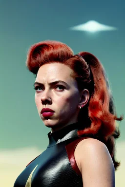 retro portrait image from 1960, sky background, wind, long red hair, fighting stance, sweet young Scarlett Johansson, black dress, classic long tight lycra black suit, gold bracelet and belt, high heel boots, superhero style, black widow, soft color, highly detailed, unreal engine 5, ray tracing, RTX, lumen lighting, ultra detail, volumetric lighting, 3d, finely drawn, high definition, high resolution.