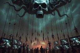 a corrupt government looms above, pulling the strings of hundreds of marionettes dangling below it, the news media broadcasts the marionettes' suffering on screens everywhere, dystopian, horror