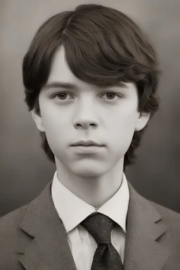 1920's yearbook photo, teenage Carl Grimes (Chandler Riggs) 14 years old, brown hair, 1920's hairstyle and clothes, photorealistic, --ar 9:16 --style raw