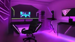 Dark purple and black gaming room with neon lights, gaming chair and PC with RGBs, realistic