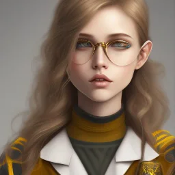 Girl with long wavy brown blond hair, yellow hawk eyes. Wears Hogwarts Hufflepuff uniform and sunglasses with a yellow clip.