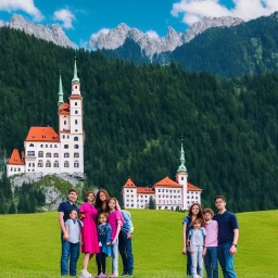 Aristrocatic Family posing for a picture in front of an Austrian castle, Alps, 8k, HD, cinematography, photorealistic, Cinematic, Color Grading, Ultra-Wide Angle, Depth of Field, hyper-detailed, beautifully color-coded, insane details, intricate details, beautifully color graded, Cinematic, Color Grading, Editorial Photography, Depth of Field, DOF, Tilt Blur, White Balance, 32k, Super-Resolution, Megapixel, ProPhoto RGB, VR, Halfrear Lighting, Backlight, Natural Lighting, Incandes