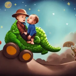 1yo little szymon is on safari onthe moon. petting a green dinosaur. he has big binoculars and a funny hat. High detailed. Cinematic. Digital painting. Warm lights.