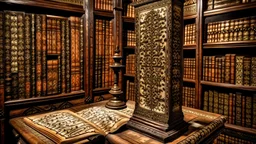 An (((ancient Arabic manuscript))) standing proudly upright on a (((vintage wooden desk))), with its pages facing the viewer, set against a backdrop of ((antique bookcases filled with old Arabic books and papers)), giving off a sense of age and learning, reflective of historical significance from the 7th century AD