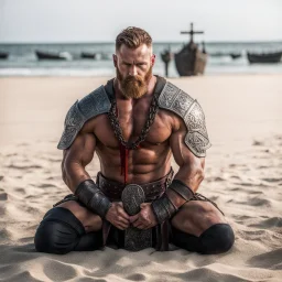 muscle viking back on his knees on a plazza, hands on the sand of the shore, ready to have his bloody back opened for execution and lungs open to the outside: this is the blood eagle ritual execution