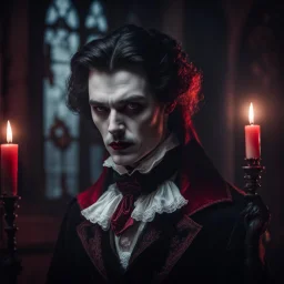 Character design of a Victorian vampire, medium: photography, style: reminiscent of the characters in Bram Stoker's Dracula, lighting: soft, diffused candlelight creating a gothic atmosphere, colors: rich blacks and reds with pops of white, composition: shot with a Nikon D850 DSLR, Nikkor 85mm f/1.4 lens, Resolution 45.7 megapixels, ISO sensitivity: 100, Shutter speed 1/60 second, full body shot capturing the elegant design of the vampire, focus on the character's pale face and intricate costume