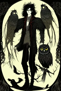 black haired young man necromancer wizard with gothic jewelry and Feathery owl-like hair, has the lower legs of an owl, in the style of Harry Clarke, owl faced