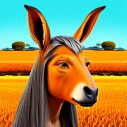 Convertir foto en caricatura grotesca conservando la misma imágen, de pie en prado, añadir orejas de burro grandes, cuerpo completo, hiperdetallado obra de arte, arte gráfica 2d colores contrastantes, fondo naranja degradado coherente, 4k