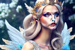 Fantasy cute elf with wings, smiling, make up, long blond platinum hair, blue eyes, crown, beautiful dress, flowers in background, HQ, unreal engine