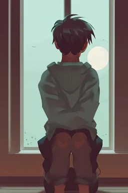 a depressed boy looking at the moon at night sitting on his window