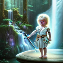 romantic fantasy spray painting, upper body of ultra cute blonde robed child poet sitting on huge marble throne, torch in winding magical forest with waterfall