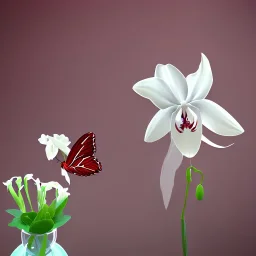 Абстракция прозрачная Белая ванильная орхидея в вазе с красными бабочками кузнечик