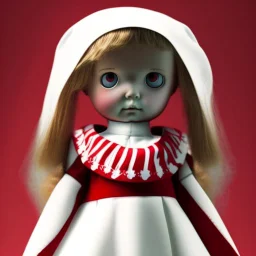 A girl's doll wearing a white dress with red blood bleeding from the back