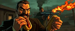 mean looking mafia thug with mustache eating a two hot dogs while fighting on the style of Escher and fallout 4